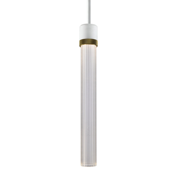 Zigrina 18" Fluted Glass LED Pendant in White and Brass Knurled Ring