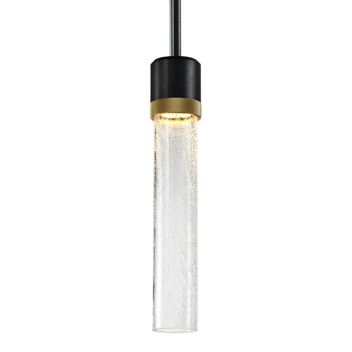 Zigrina 12" Crackled Glass LED Pendant in Black and Brass Knurled Ring