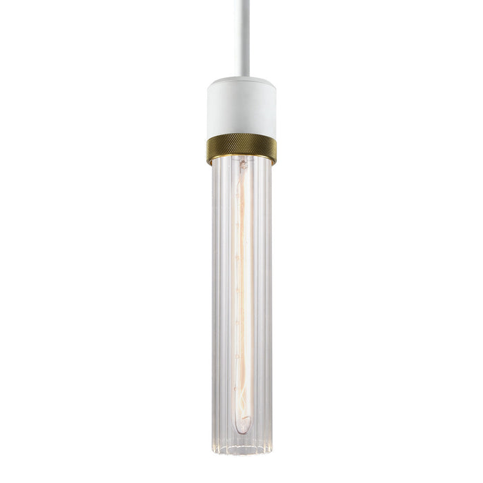 Zigrina 12" Fluted Glass E26 Pendant in White with Knurled Ring in Brass