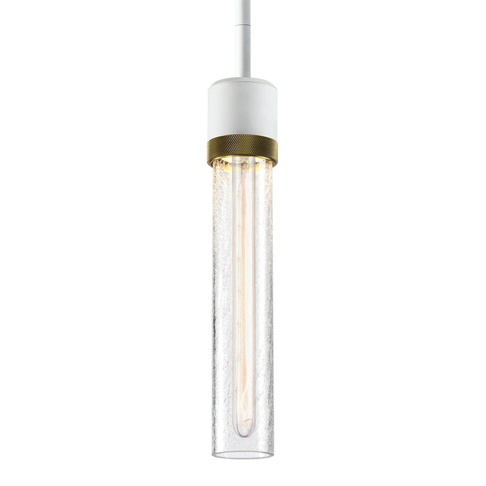 Zigrina 12" Crackled Glass E26 Pendant in White with Knurled Ring in Brass