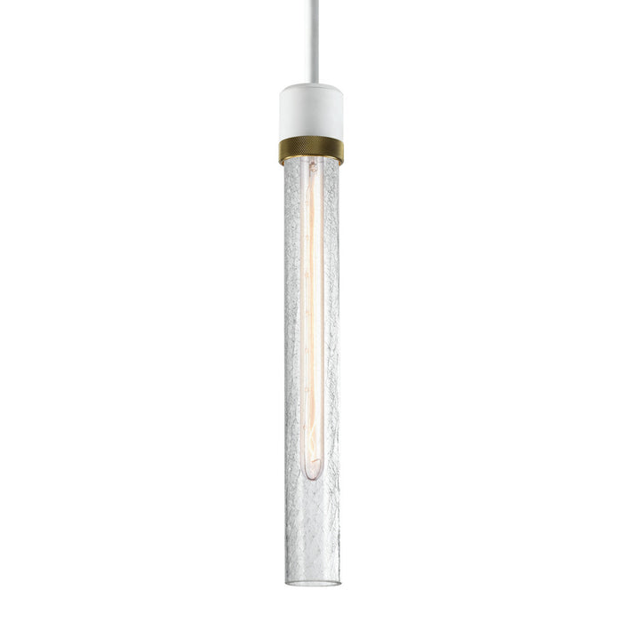 Zigrina 18" Crackled Glass E26 Pendant in White with Knurled Ring in Brass