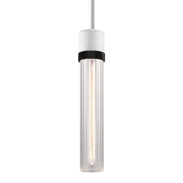 Zigrina 12" Fluted Glass E26 Pendant in White with Knurled Ring in Black