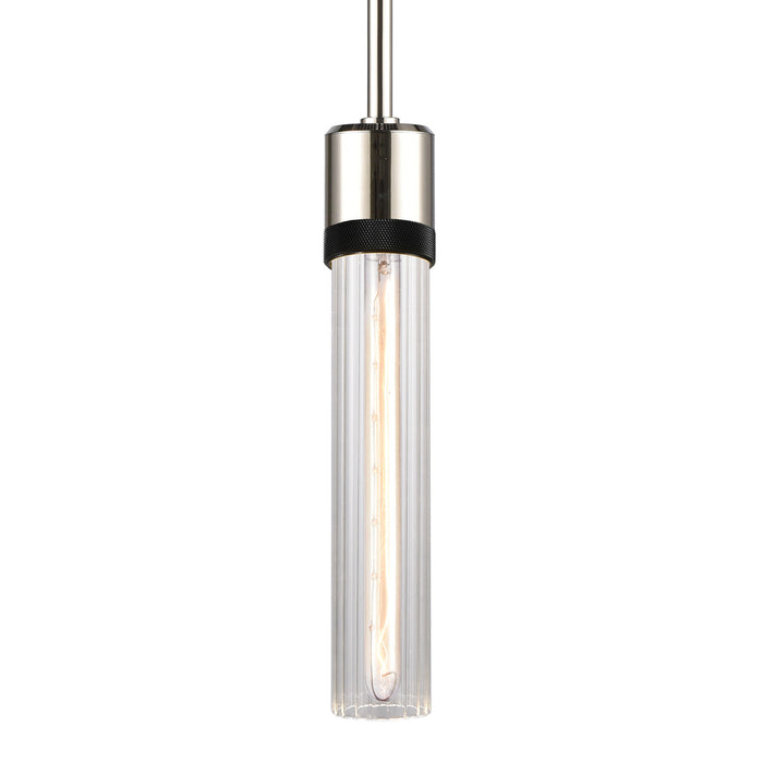 Zigrina 12" Fluted Glass E26 Pendant in Nickel with Knurled Ring in Black