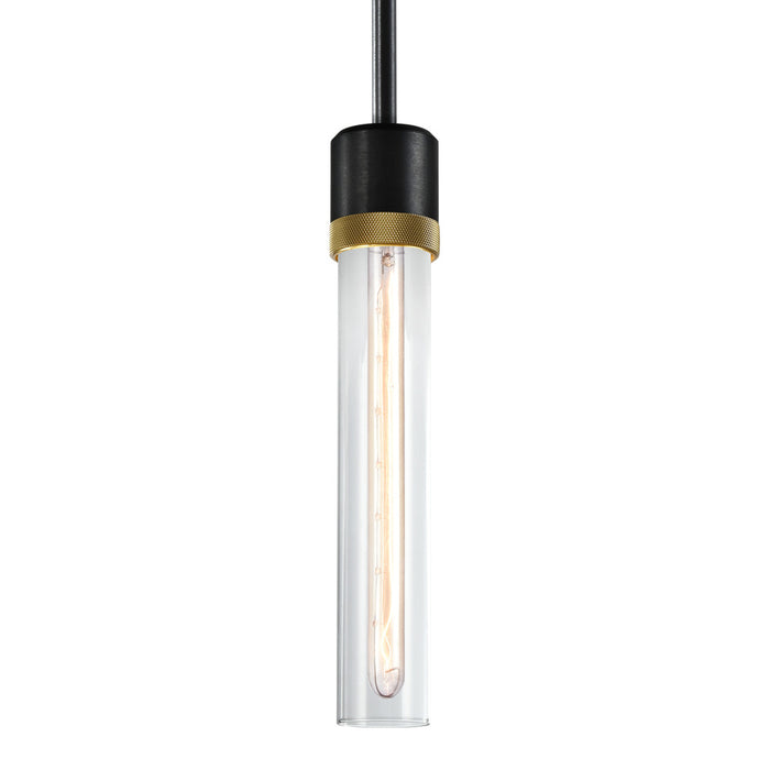 Zigrina 12" Clear Glass E26 Pendant in Black with Knurled Ring in Brass