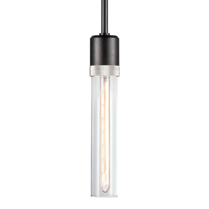 Zigrina 12" Clear Glass E26 Pendant in Black with Knurled Ring in Nickel