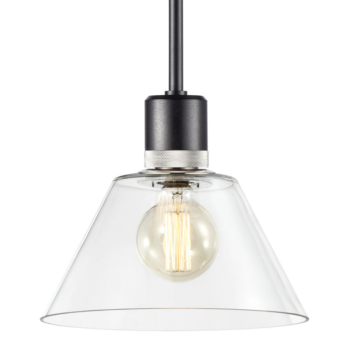 Zigrina Glass Cone E26 Pendant in Black with Knurled Ring in Nickel