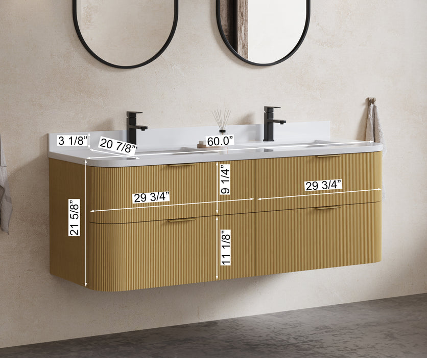 Chantal 60 inch Double Wall Mounted Bathroom Vanity with White Quartz Stone