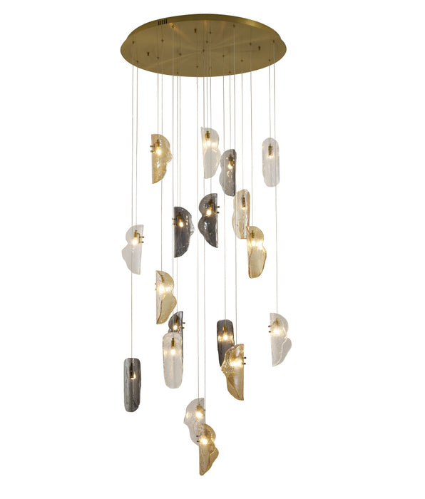 18-Light Brass Chandelier With Clear, Smoke, And Amber Glass Accents