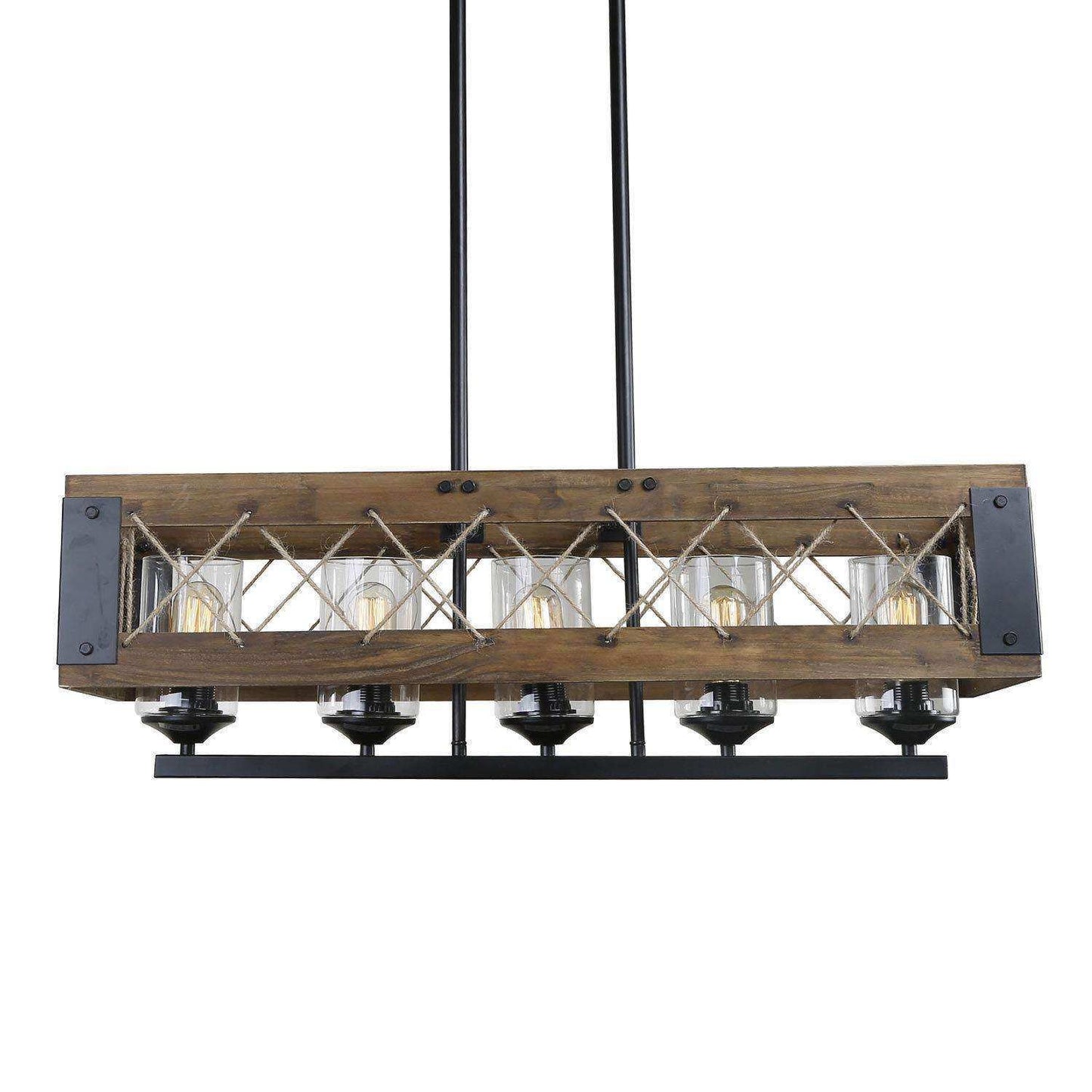 Farmhouse 5-Light Wood Glass Linear Island Lights Chandelier