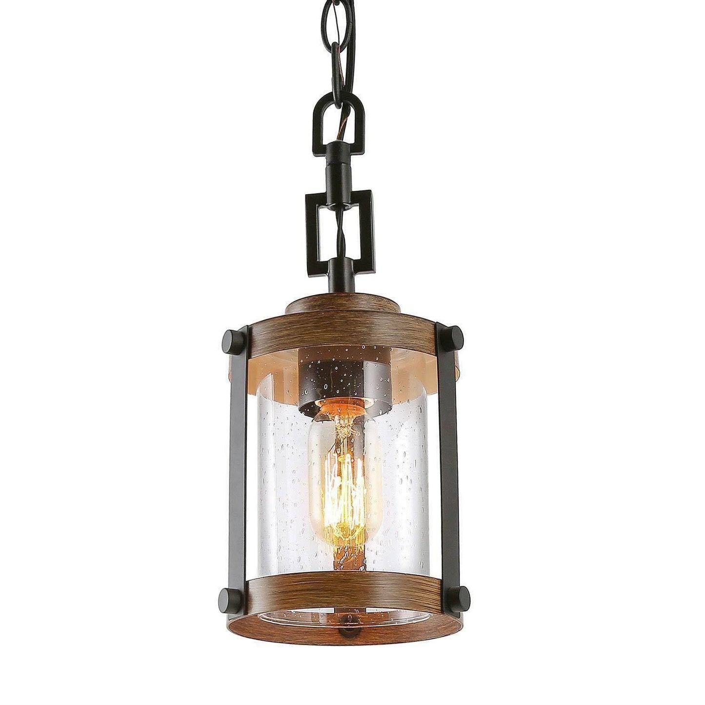Farmhouse 1-Light Faux-wood Pendant Light with Seeded Clear Glass