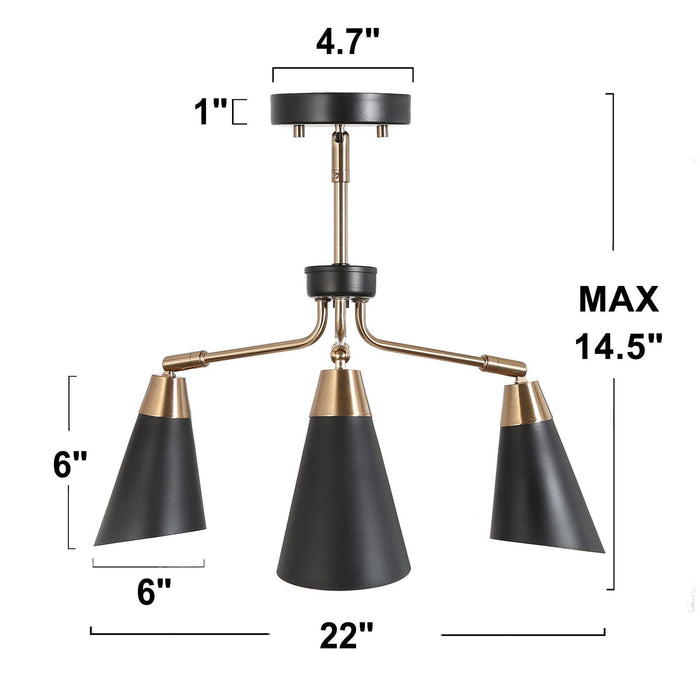 Anthur 3-Light Black and Brass Semi-Flush Mount Light