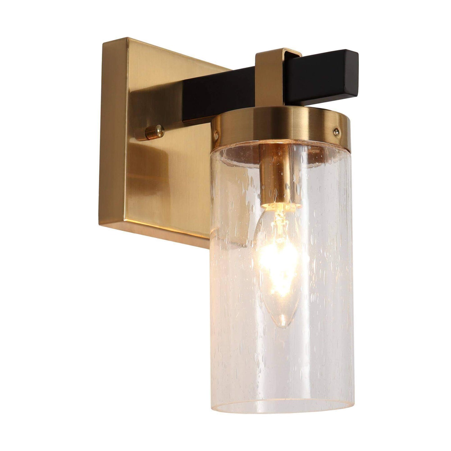 Modern Gold and Black Wall Sconce with Cylindrical Seeded Glass Shade