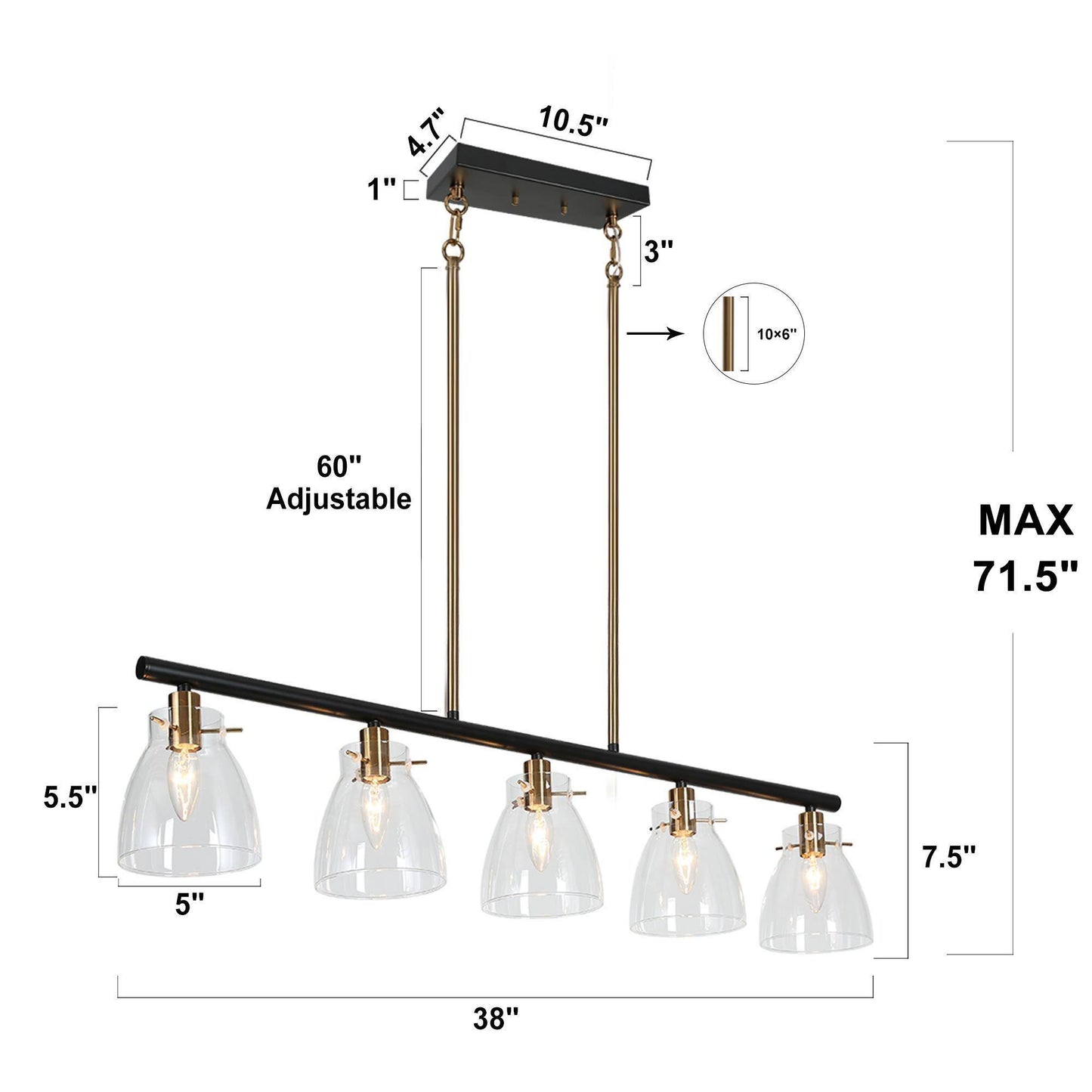 Modern 5-Light Linear Glass Island Light Chandelier