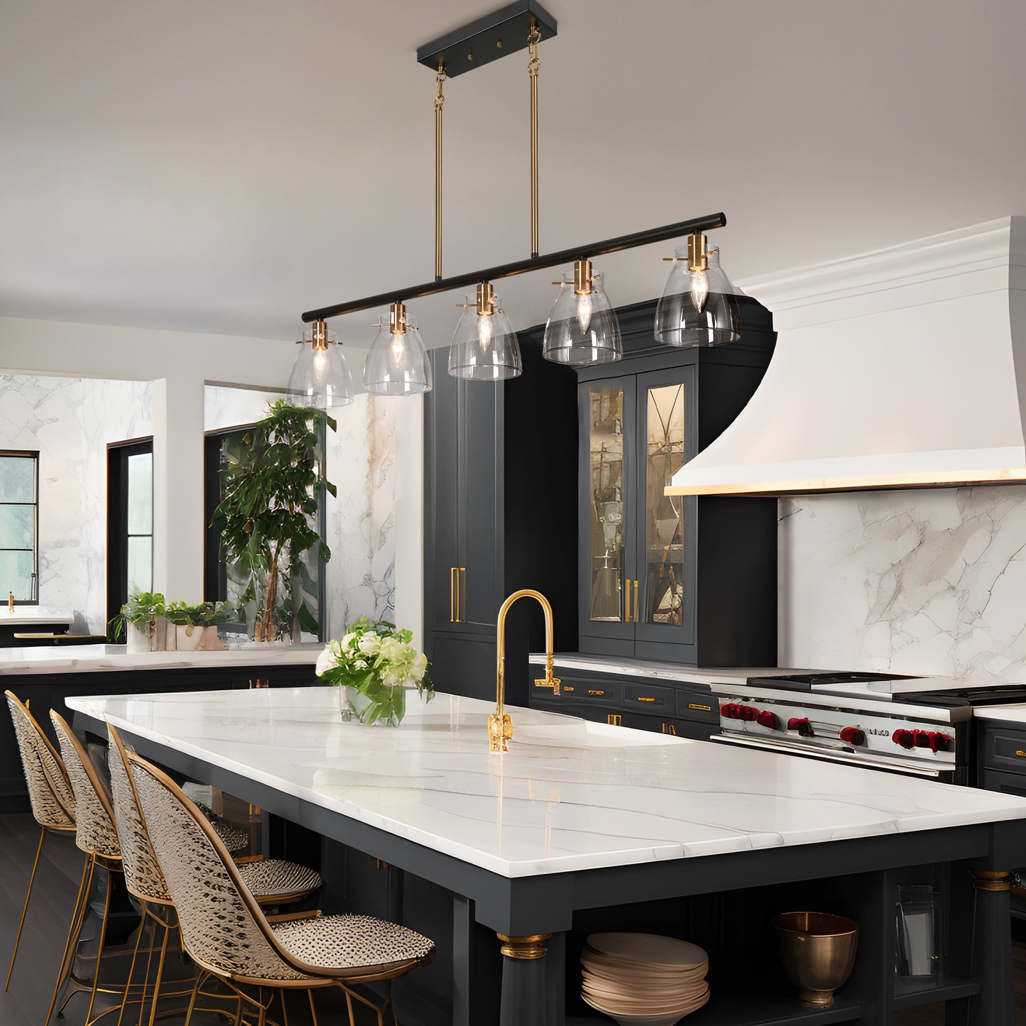 Modern 5-Light Linear Glass Island Light Chandelier