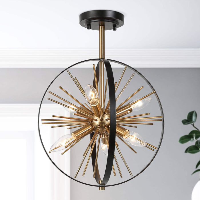 Lanmin 6-Light Black and Brass Semi-Flush Mount Light