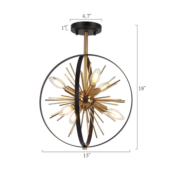 Lanmin 6-Light Black and Brass Semi-Flush Mount Light