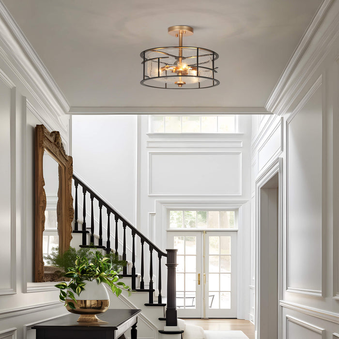 Winged 3-Light Black and Brass Semi-Flush Mount Light