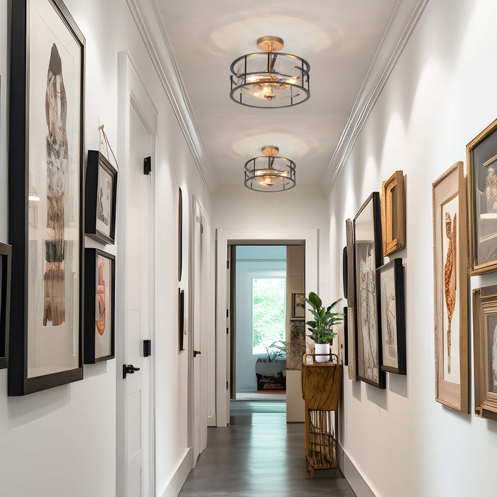 Winged 3-Light Black and Brass Semi-Flush Mount Light