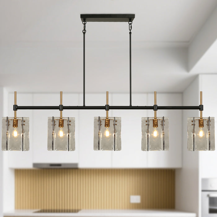 Echona 63" Black & Gold 5-Light Linear Chandelier Gray Textured Glass Kitchen Island Light