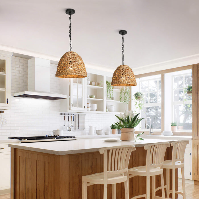 Holpha 1-Light Wood Rattan Pendant Light