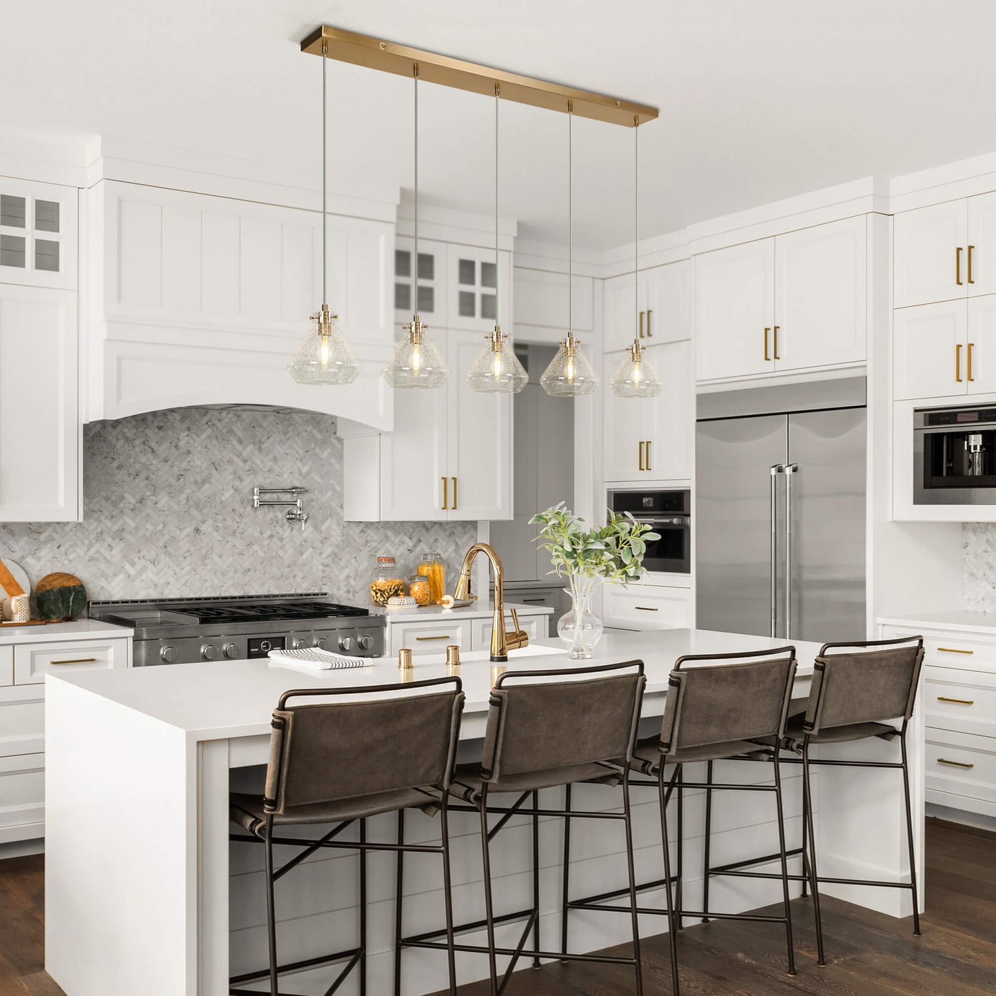 Modern 5-Light Gold Island Light Chandelier with Cracked Glass Shades