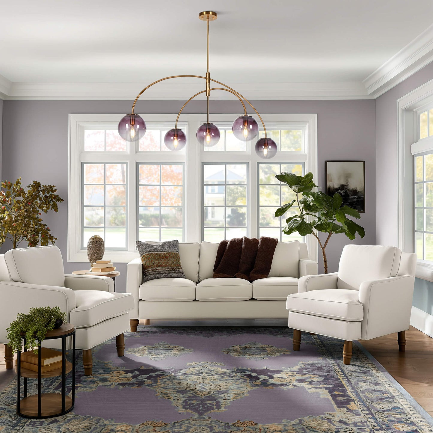 Unelefa Modern 5-Light Gold Chandelier with Gradient Purple Glass Globes