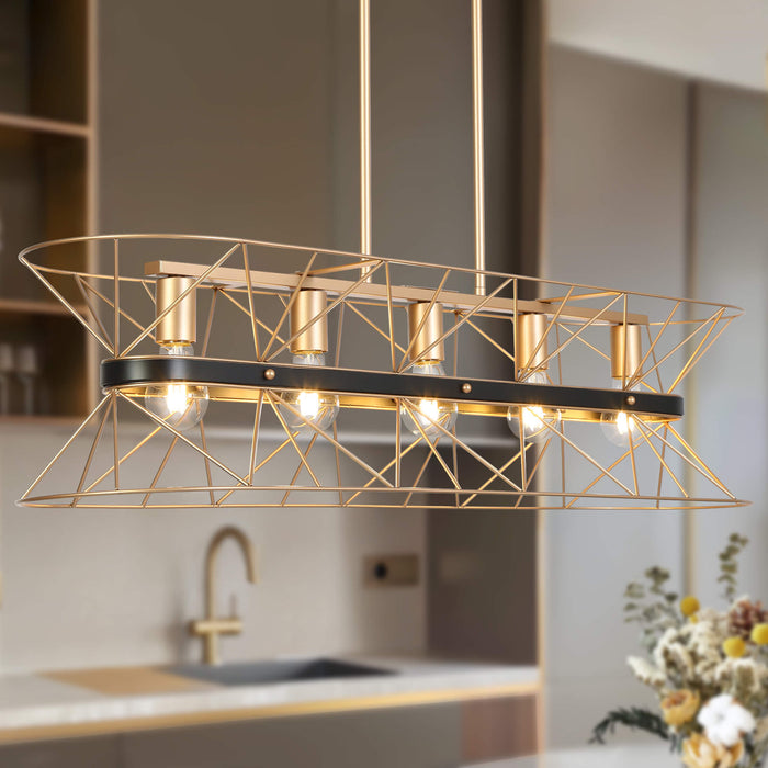 Lurtus 5-Light Black and Gold Metal Rectangle Island Light
