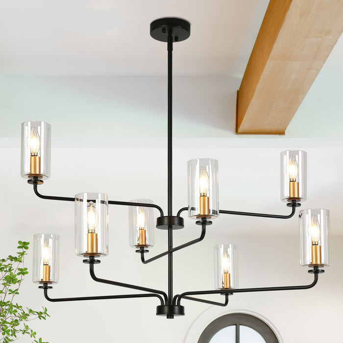 Thalyn 8-Light Black & Gold Cylinder Glass Chandelier