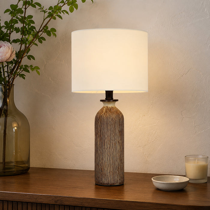 Elowen 1-Light Table Lamp with Ceramic Wood-Grain Base and Linen Drum Shade