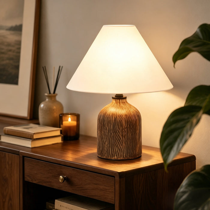 Elowen 1-Light Ceramic Table Lamp with Wood-Grain Stone Base and Linen Cone Shade