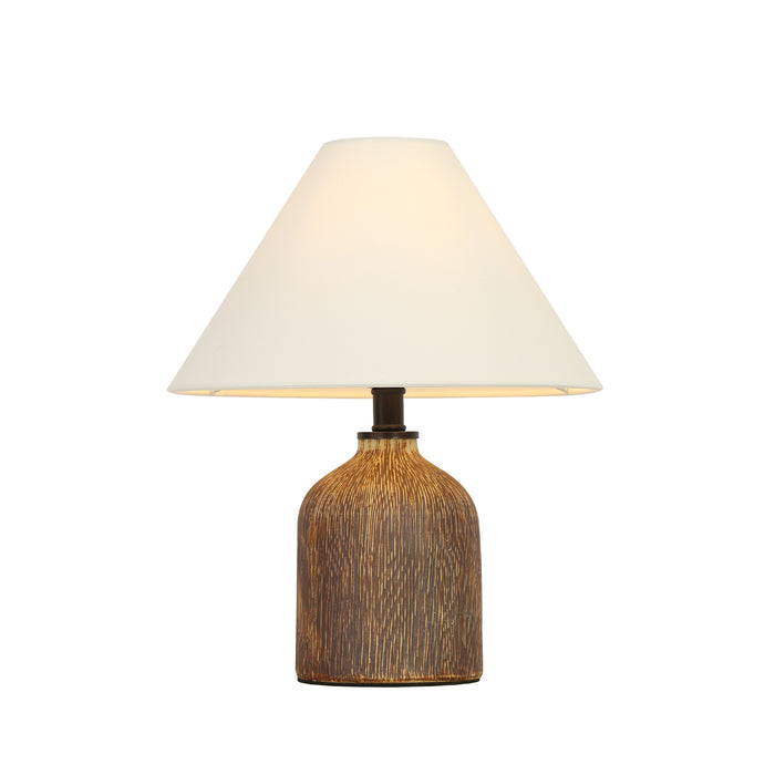 Elowen 1-Light Ceramic Table Lamp with Wood-Grain Stone Base and Linen Cone Shade
