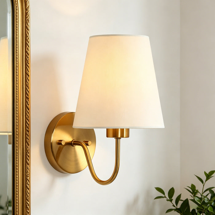Noreva 1-Light Brass Cone Armed Wall Sconce with Linen Shade