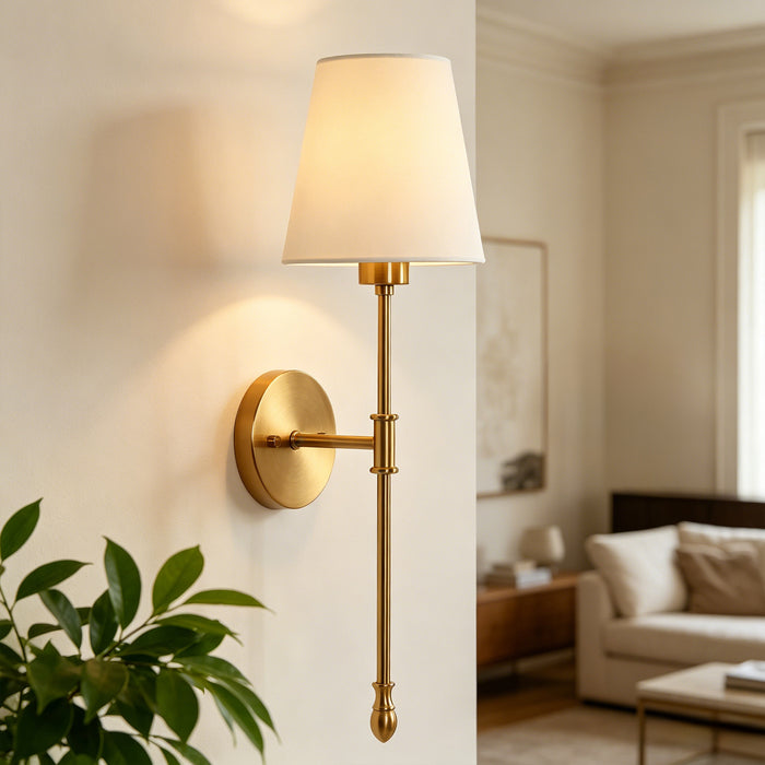Noreva 1-Light Brass Cone Wall Sconce with Linen Shade