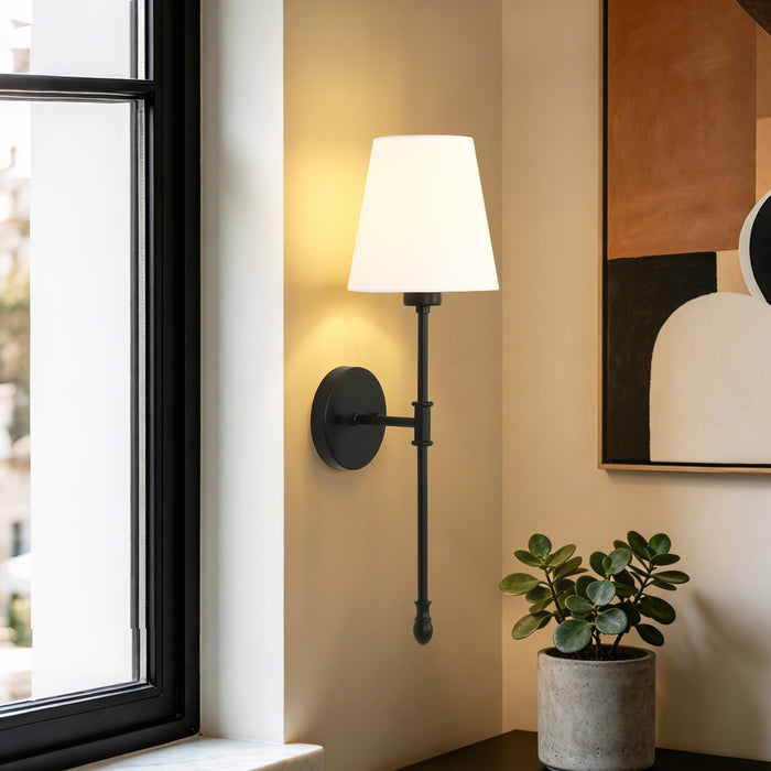 Noreva 1-Light Brass Cone Wall Sconce with Linen Shade