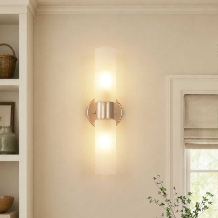 Arvion 2-Light Cylinder Gold Wall Sconce with Frosted Glass Shade