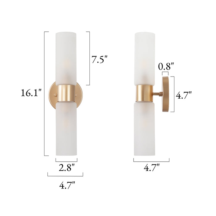 Arvion 2-Light Cylinder Gold Wall Sconce with Frosted Glass Shade