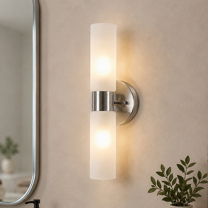 Arvion 2-Light Cylinder Gold Wall Sconce with Frosted Glass Shade