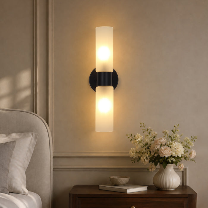 Arvion 2-Light Cylinder Gold Wall Sconce with Frosted Glass Shade