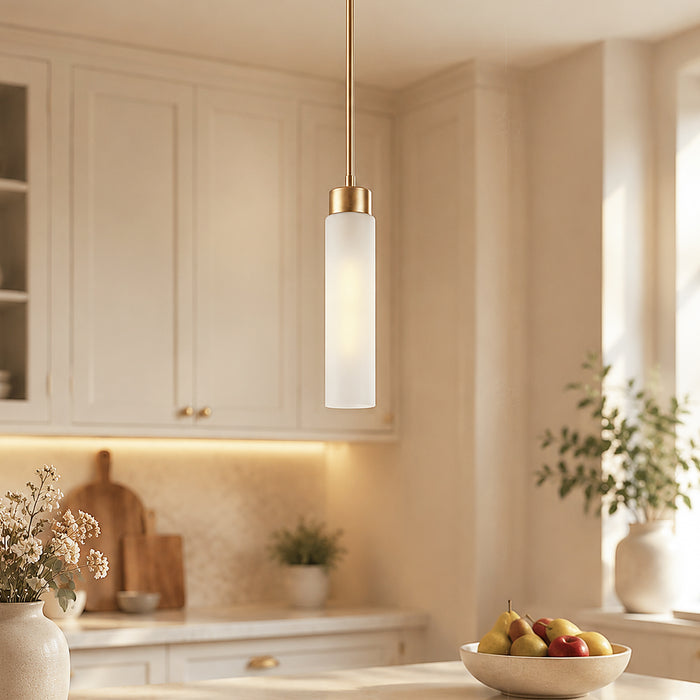 Arvion 1-Light Gold Cylinder Frosted Glass Pendant Light