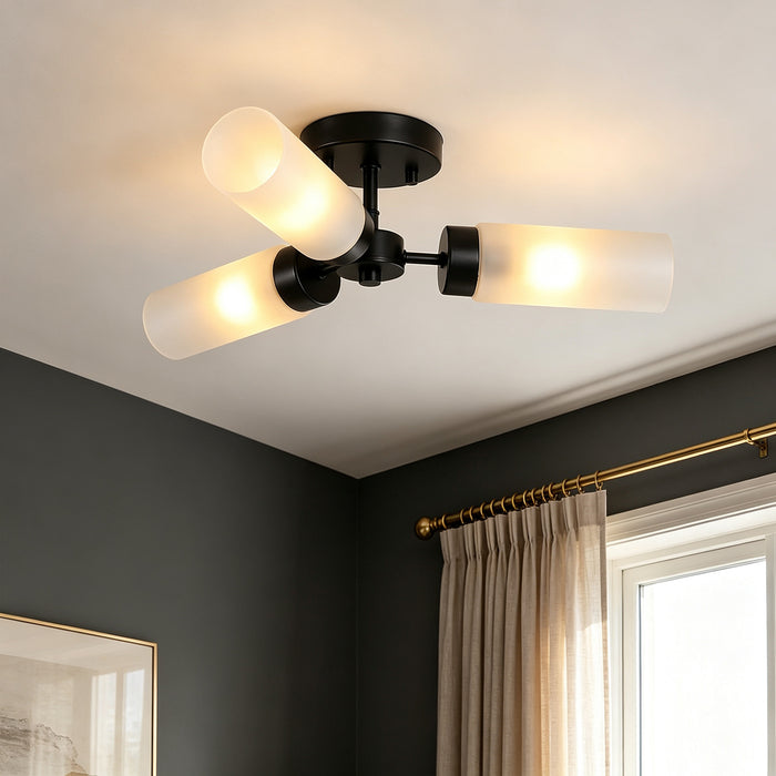 Arvion 3-Light Black Radial Semi-flush Mount Frosted Glass Ceiling Light