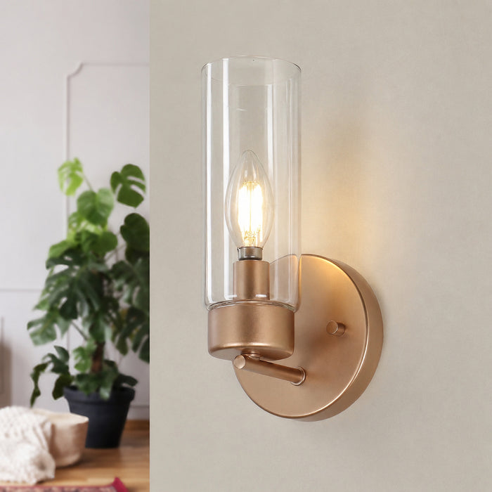 Arvion 1-Light Gold Cylinder Clear Glass Wall Sconce