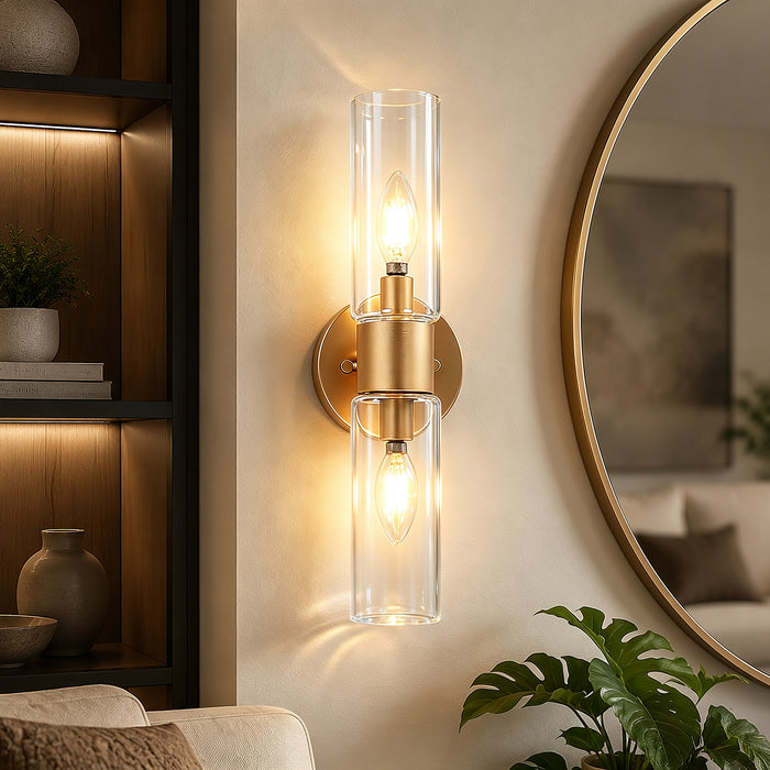 Arvion 2-Light Gold Cylinder Clear Glass Wall Sconce