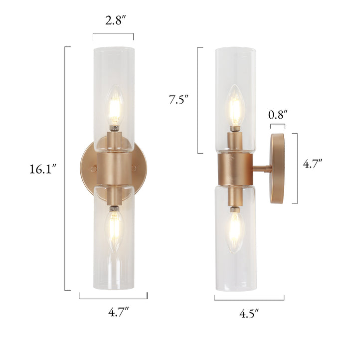 Arvion 2-Light Gold Cylinder Clear Glass Wall Sconce