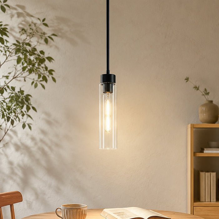 Arvion 1-Light Black Cylinder Clear Glass Pendant Light