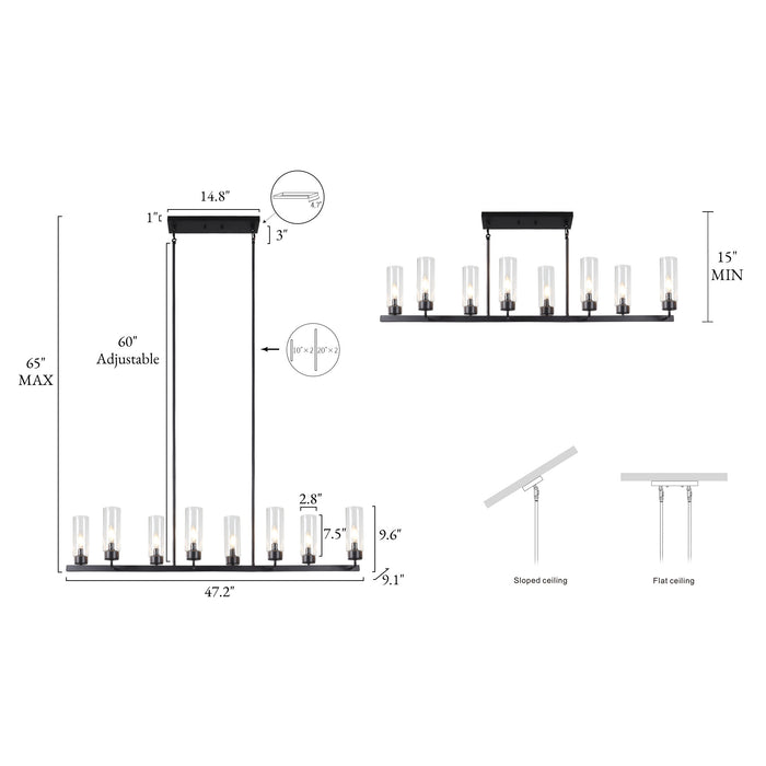 Arvion 8-Light Black Linear Chandelier Clear Glass Island Light
