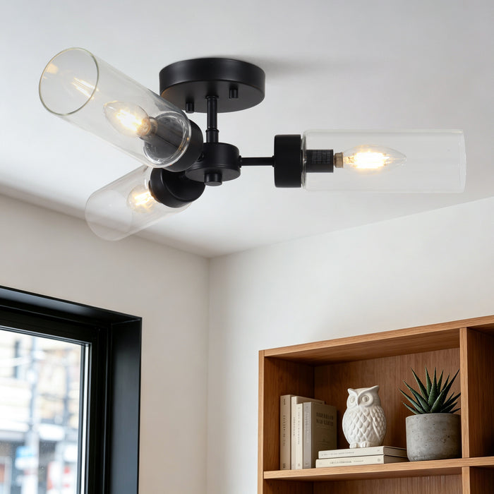 Arvion 3-Light Black Radial Semi-flush Mount Clear Glass Ceiling Light