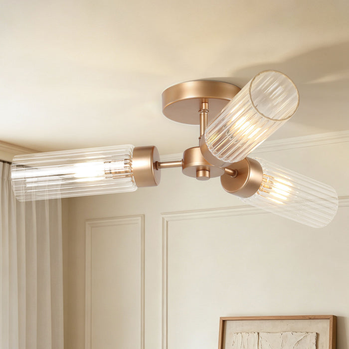 Arvion 3-Light Gold Radial Semi-flush Mount Textured Glass Ceiling Light