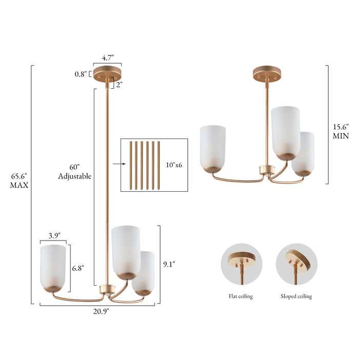 Zavira 3-Light Gold Radial Chandelier with Frosted Glass Shade