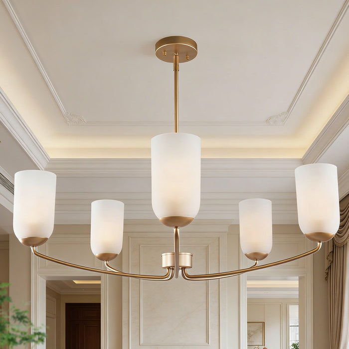 Zavira 5-Light Gold Radial Chandelier with Frosted Glass Shade
