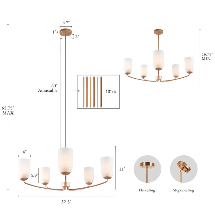 Zavira 5-Light Gold Radial Chandelier with Frosted Glass Shade